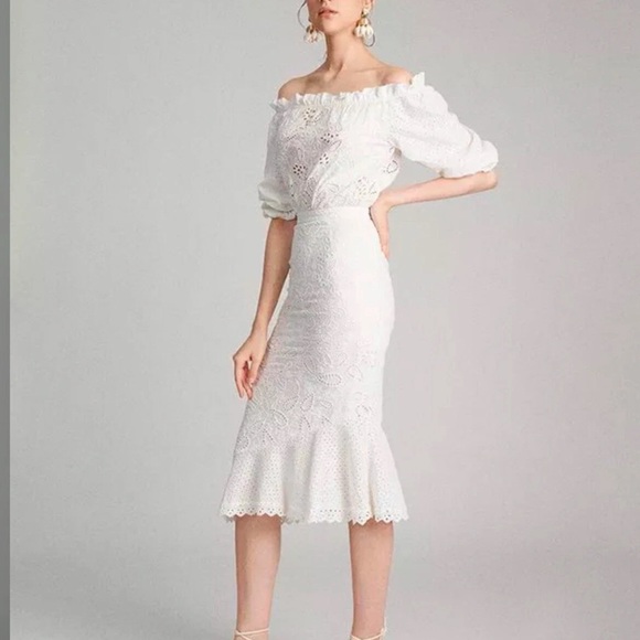 Saloni White Eyelet Grace Off the Shoulder Midi Dress NWT - Picture 2 of 10